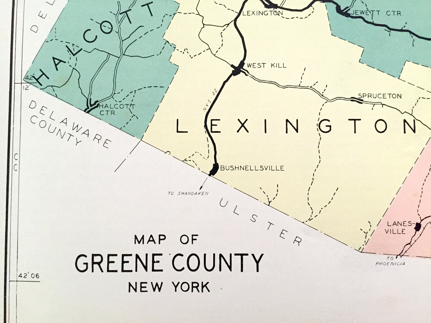 Antique Greene County, New York 1941 Historical Atlas Map – Catskill, Athens, Coxsackie, Cairo, Greenville, Prattsville, West Kill Hudson NY