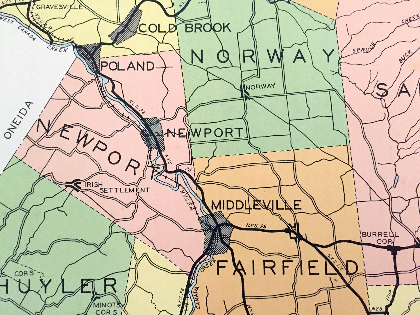Antique Herkimer County, New York 1941 Historical Atlas Map – Mohawk, Ilion, Little Falls, Grant, Winfield, Atwell, Old Forge, Fairfield, NY