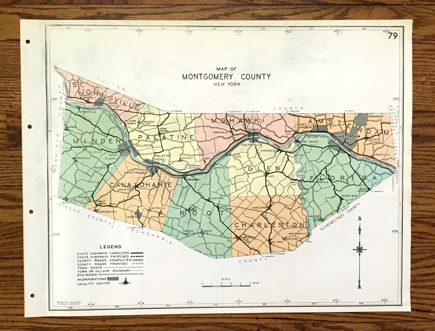 Antique Montgomery County, New York 1941 Historical Atlas Map – Fonda, St. Johnsville, Amsterdam, Canajoharie, Charleston, Four Corners, NY