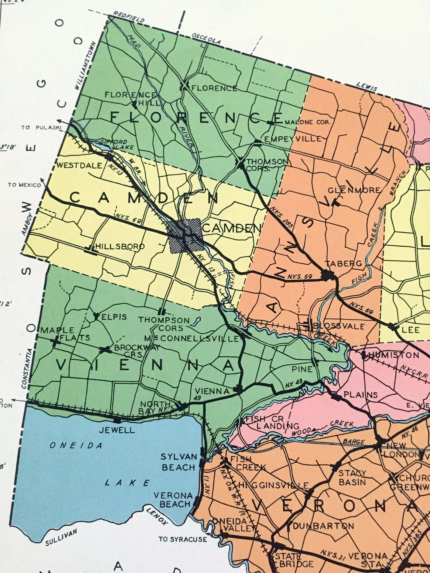 Antique Oneida County, New York 1941 Historical Atlas Map – Rome, Utica, Clinton, Camden, Boonville, Forestport, Oriskany Falls, Vienna, NY