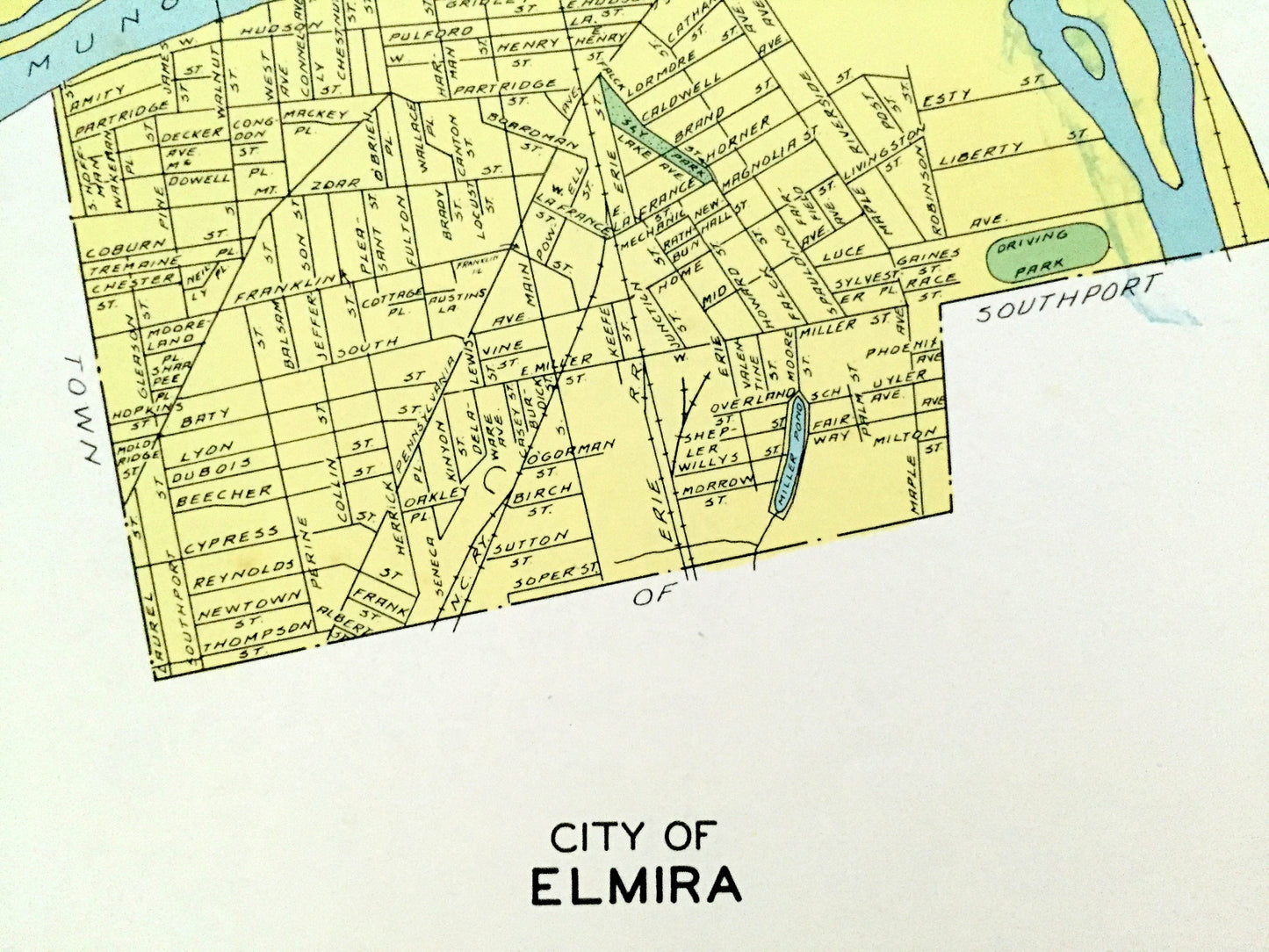 Antique Elmira & Dunkirk, New York 1941 Historical Atlas City Street Map – Chemung, Chautauqua County, Lake Erie, River, Harbor, Beach, NY