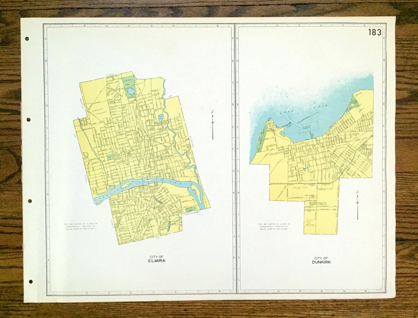 Antique Elmira & Dunkirk, New York 1941 Historical Atlas City Street Map – Chemung, Chautauqua County, Lake Erie, River, Harbor, Beach, NY