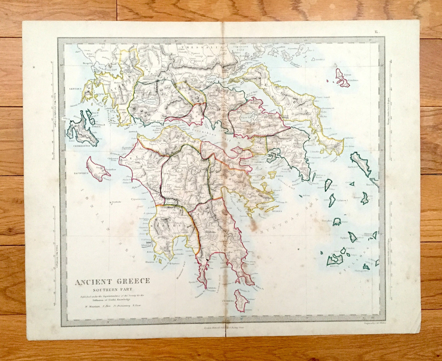 Antique 1866 Ancient Greece Map from SDUK Atlas – Athens, Corinth, Sparta, Patras, Preveza, Kalamata, Saronic, Cyclades Islands, Negropont