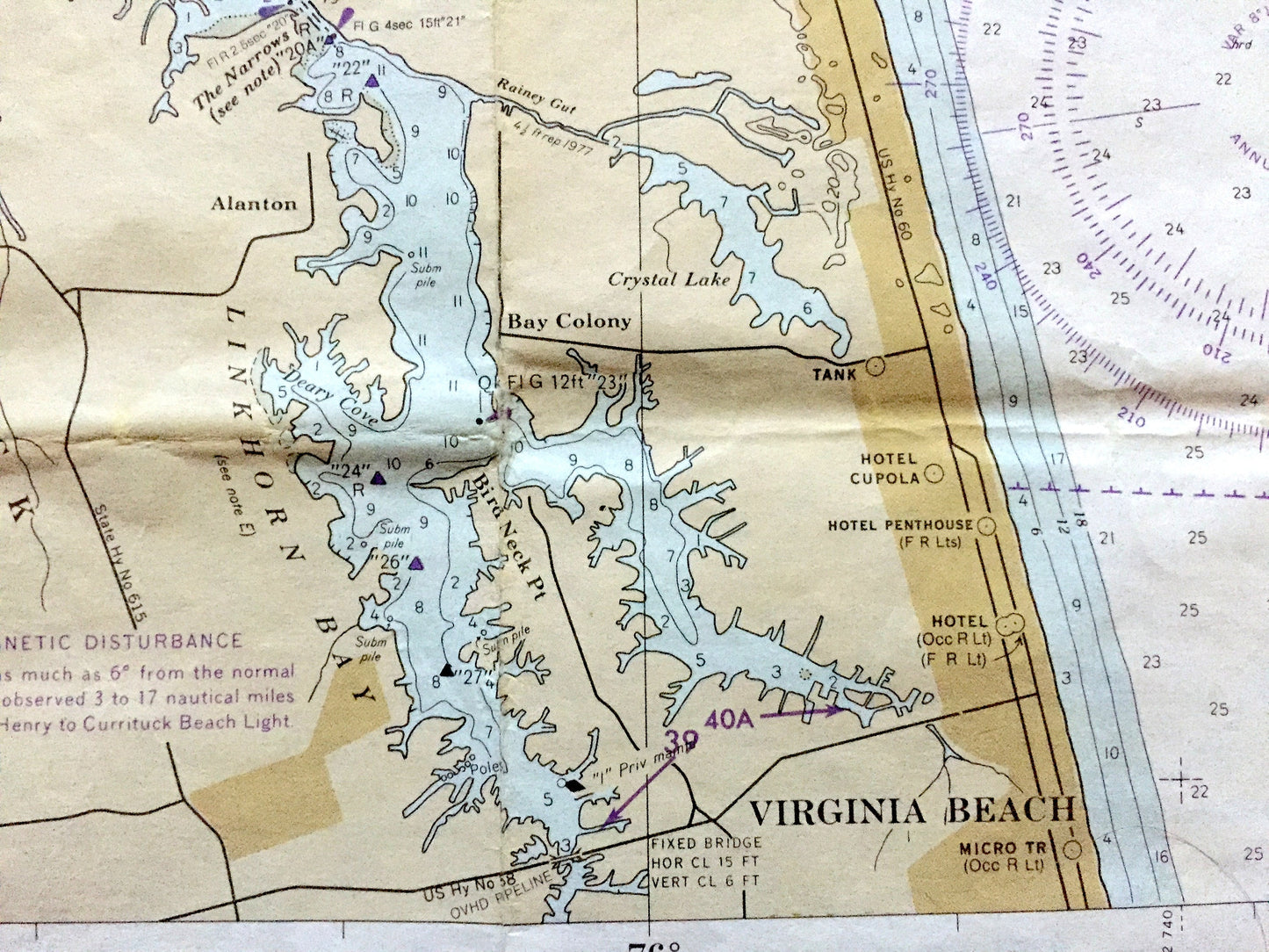 Antique Chesapeake Bay 1979 US Coast Guard Nautical Map – Cape Charles to Norfolk Harbor, Virginia Beach, Newport News, York River, Henry VA