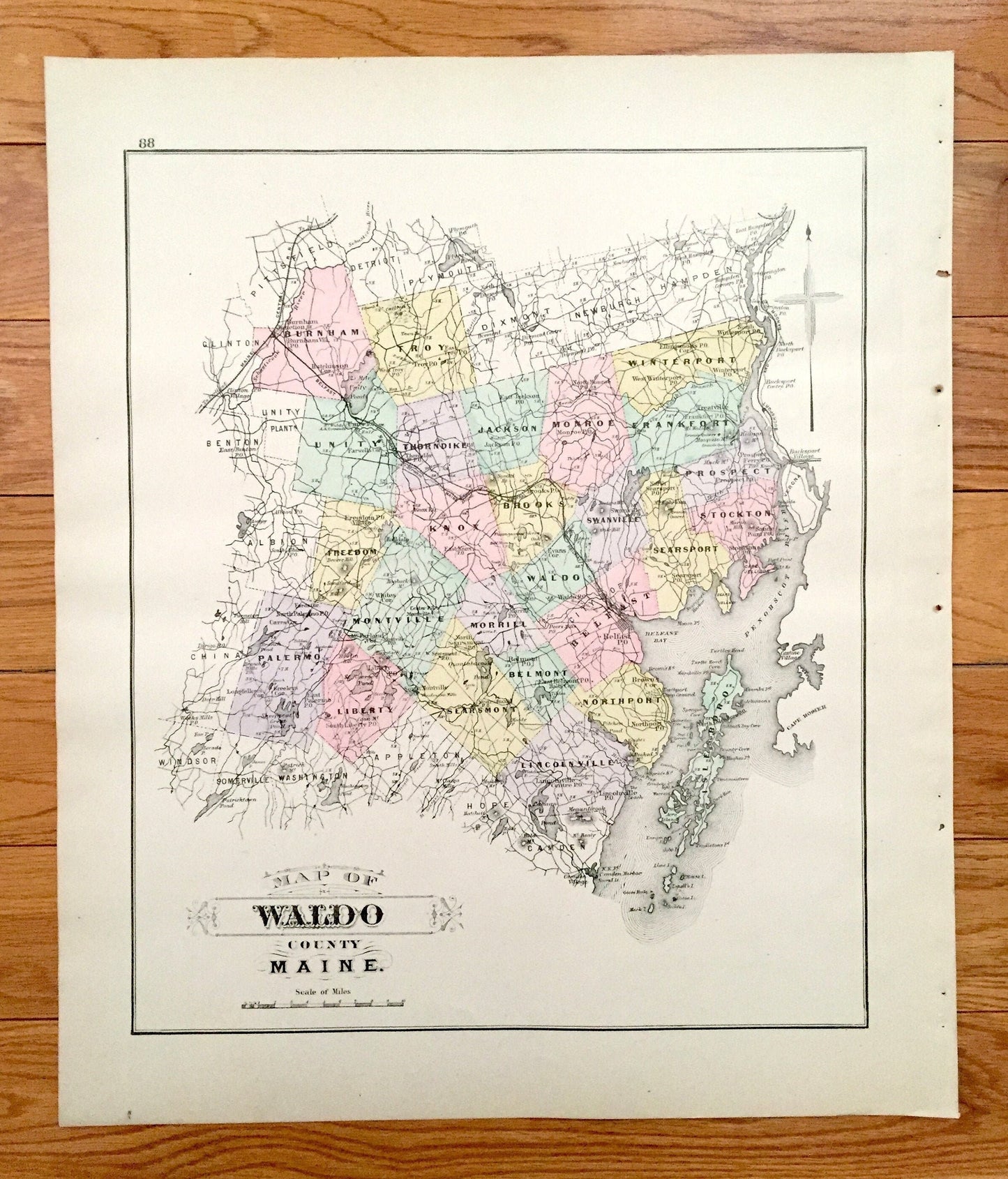 Antique 1888 Waldo County, Maine Map by George N. Colby & Company – Belfast, Searsport, Stockton, Islesboro Northport Fairfield Skowhegan ME