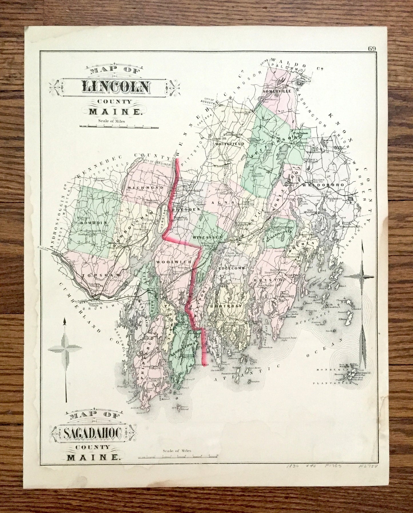 Antique 1890 Sagadahoc and Lincoln County, Maine Map by George N. Colby & Company – Bath, Boothbay, Phippsburg, Topsham, Bristol, Bowdoin ME