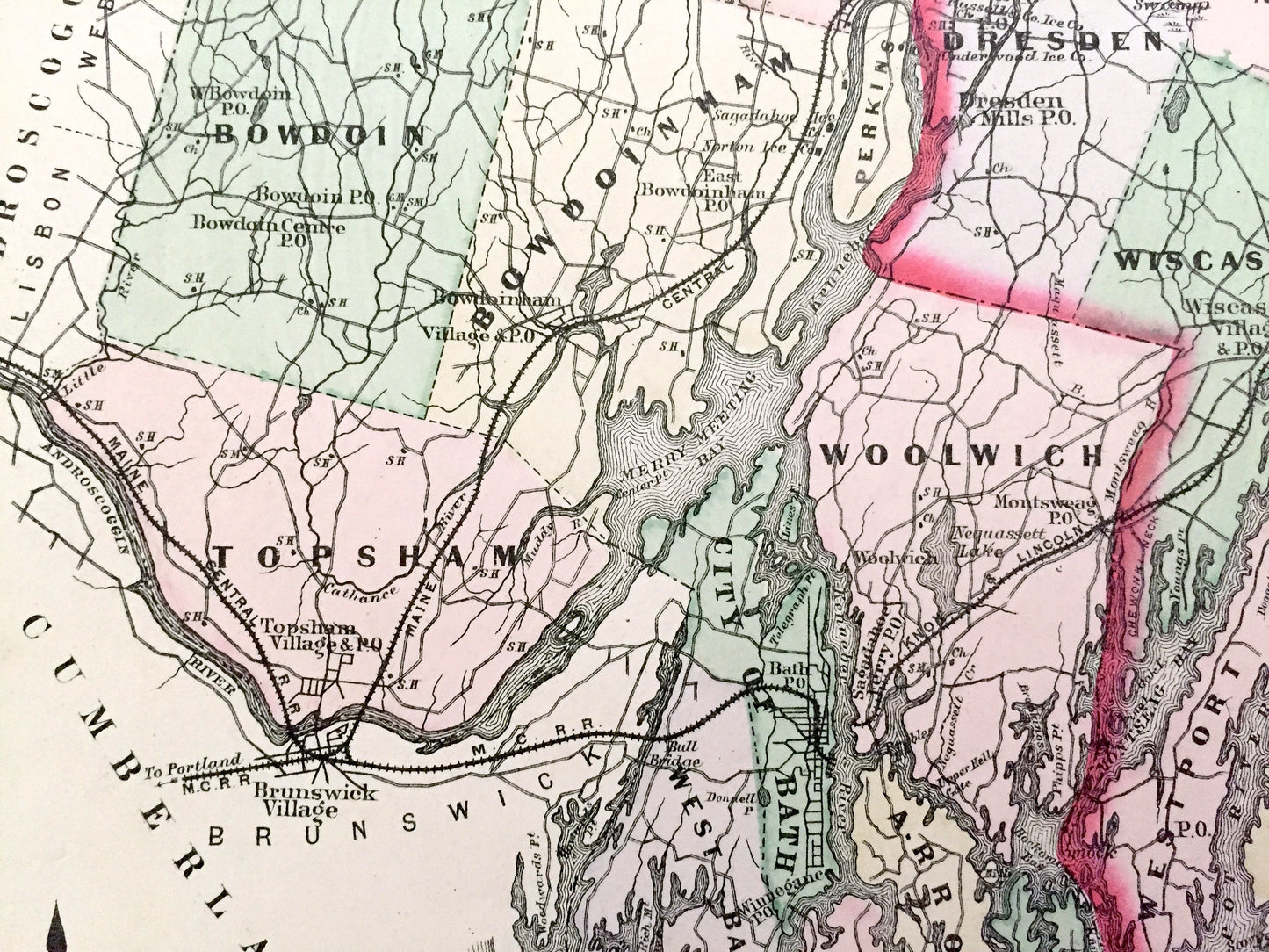 Antique 1890 Sagadahoc and Lincoln County, Maine Map by George N. Colby & Company – Bath, Boothbay, Phippsburg, Topsham, Bristol, Bowdoin ME