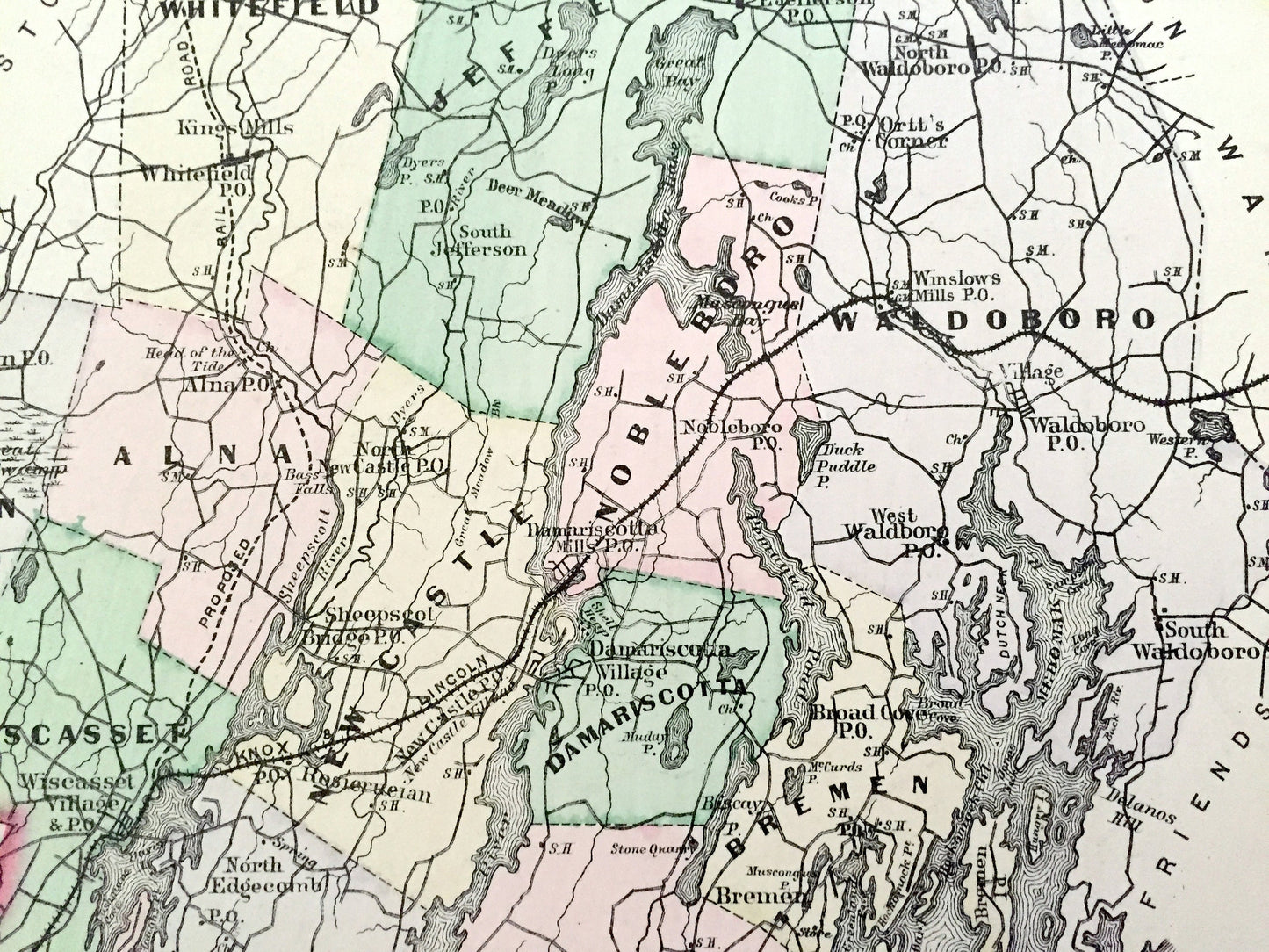 Antique 1890 Sagadahoc and Lincoln County, Maine Map by George N. Colby & Company – Bath, Boothbay, Phippsburg, Topsham, Bristol, Bowdoin ME
