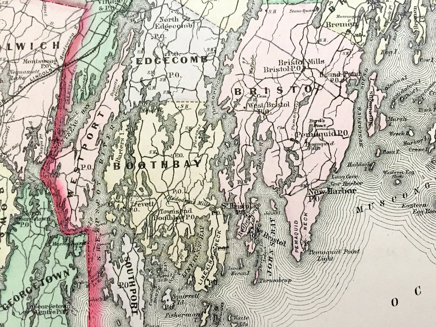 Antique 1890 Sagadahoc and Lincoln County, Maine Map by George N. Colby & Company – Bath, Boothbay, Phippsburg, Topsham, Bristol, Bowdoin ME