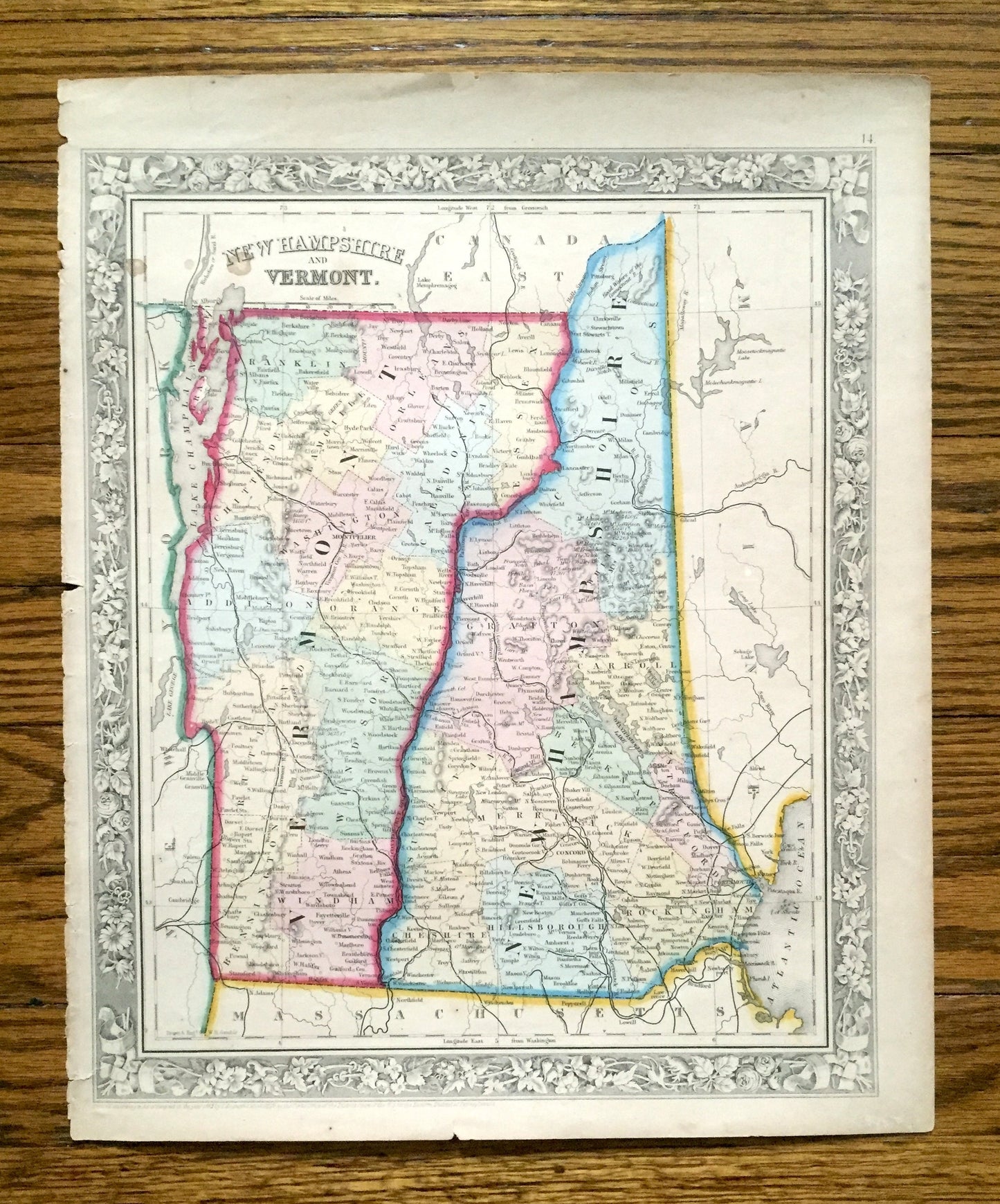 Antique 1862 Vermont & New Hampshire Map by S.A. Mitchell – Lake Champlain, Winnipesaukee, Squam, White, Green Mountains, Burlington, Maine