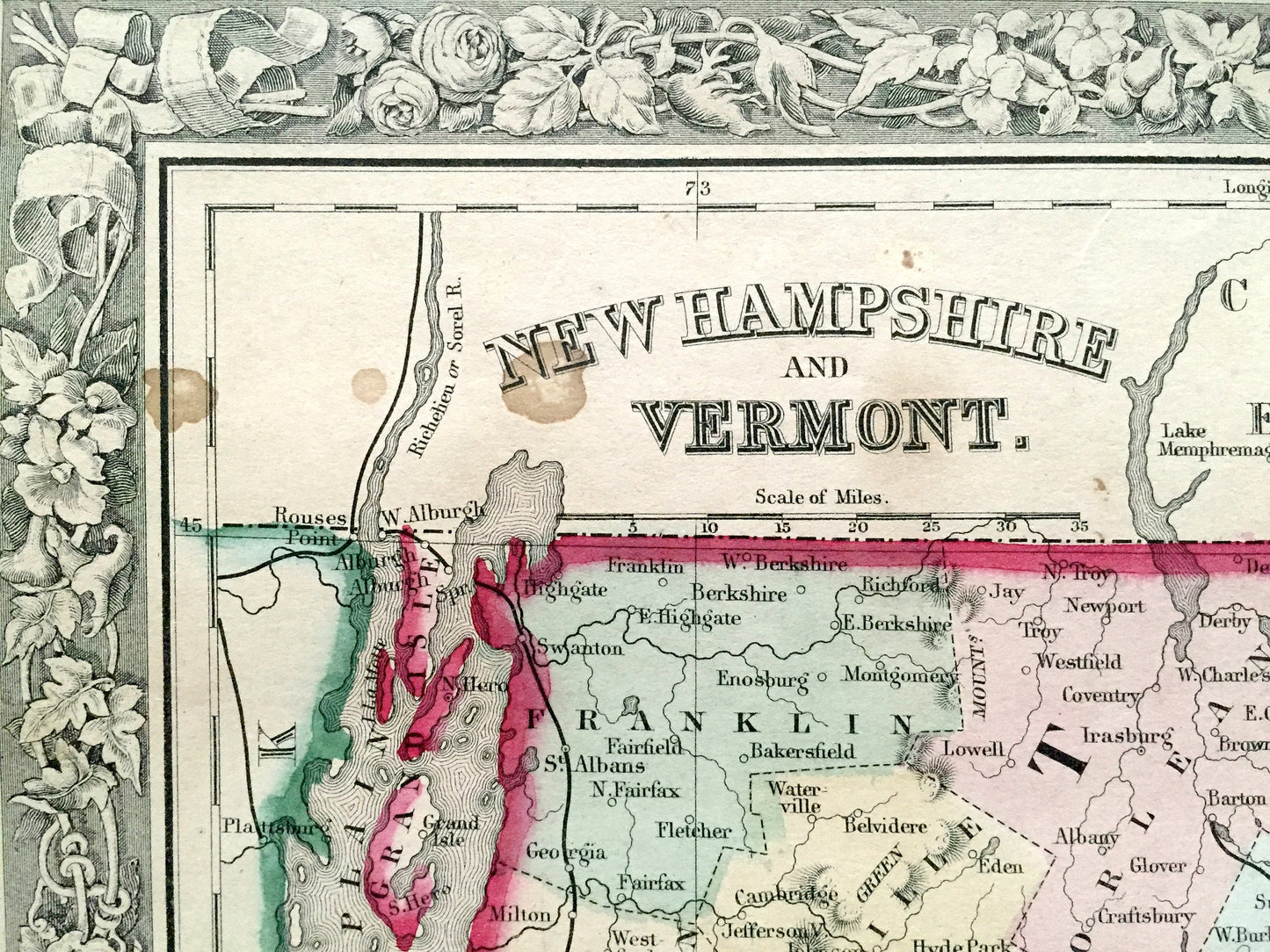 Antique 1862 Vermont & New Hampshire Map by S.A. Mitchell – Lake Champlain, Winnipesaukee, Squam, White, Green Mountains, Burlington, Maine