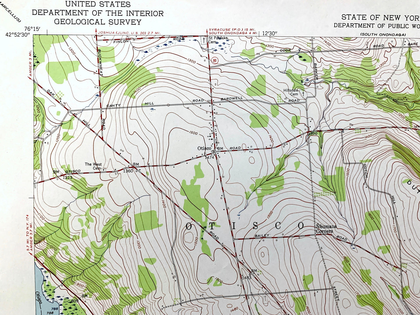 Antique Otisco Valley, New York 1955 US Geological Survey Topographic Map – Onondaga County, Spafford, Tully, Lafayette, Bromley, Vesper NY