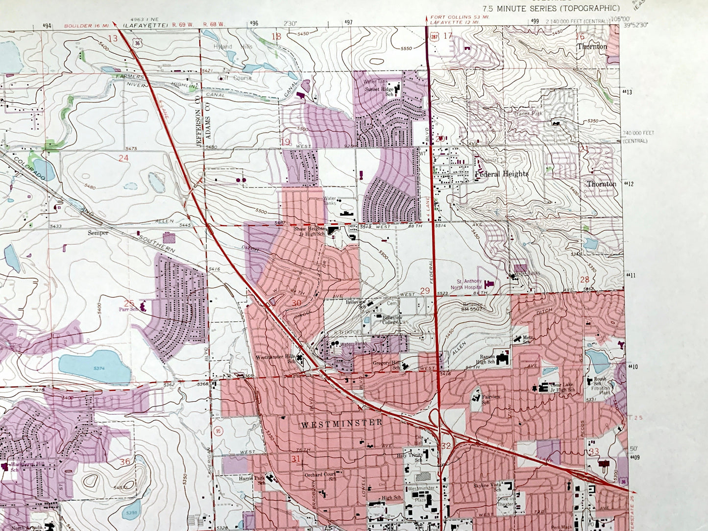 Antique Denver, Colorado 1965 US Geological Survey Topographic Map – Arvada, Jefferson County, Edgewater, Wheatridge, Lakeside, Standley, CO