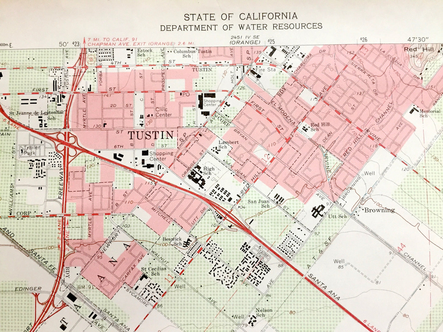 Antique Tustin, California 1965 US Geological Survey Topographic Map – Orange County, Irvine, Santa Ana, Newport Beach, San Joaquin, CA
