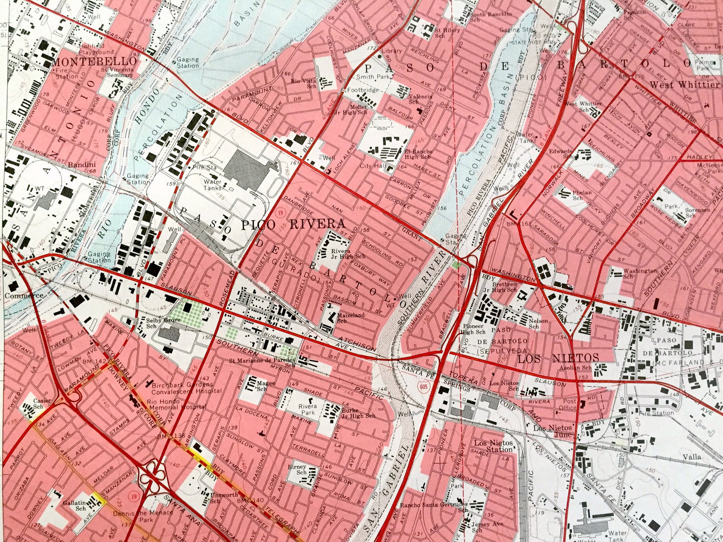 Antique Whittier, California 1965 US Geological Survey Topographic Map – Montebello, Pico Rivera, Mirada, Norwalk, Los Angeles County, CA