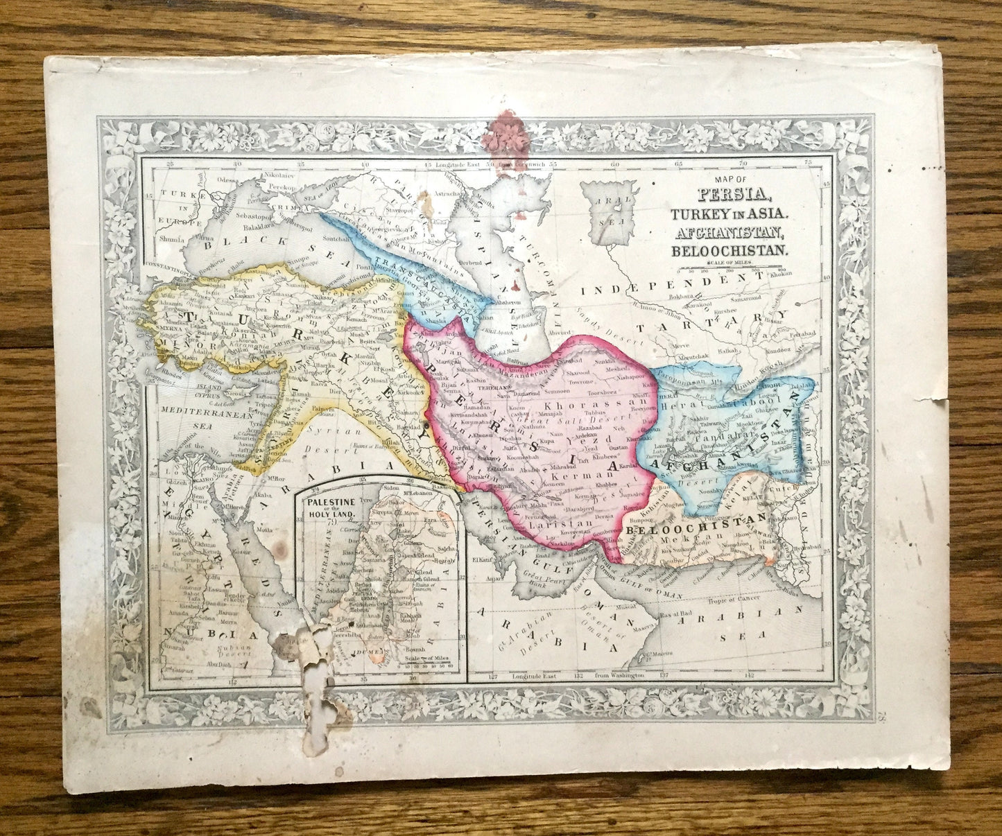 Antique 1860 Persia, Turkey, Afghanistan, Belochistan Map by S. Augustus Mitchell – Palestine, Israel, Iraq, Iran Syria Pakistan Middle East