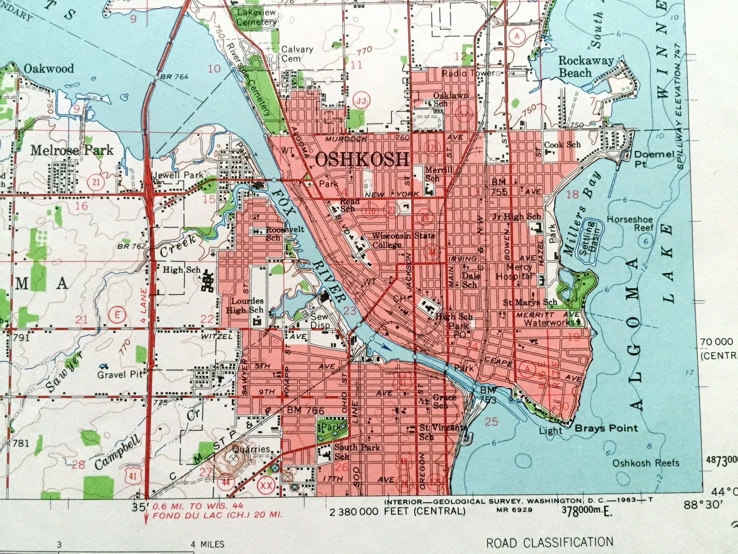 Antique Oshkosh, Wisconsin 1961 US Geological Survey Topographic Map – Winnebago County, Lake Winneconne, Omro, Butte Des Mortes, Larsen, WI