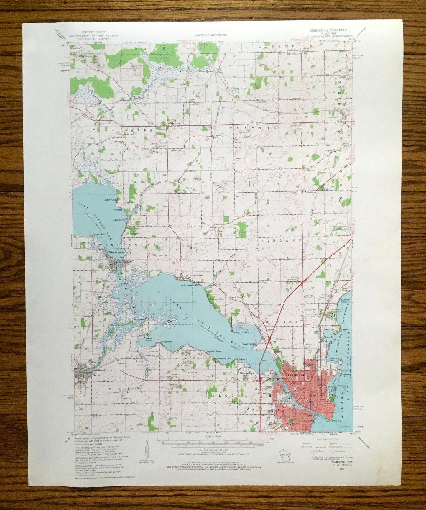 Antique Oshkosh, Wisconsin 1961 US Geological Survey Topographic Map – Winnebago County, Lake Winneconne, Omro, Butte Des Mortes, Larsen, WI