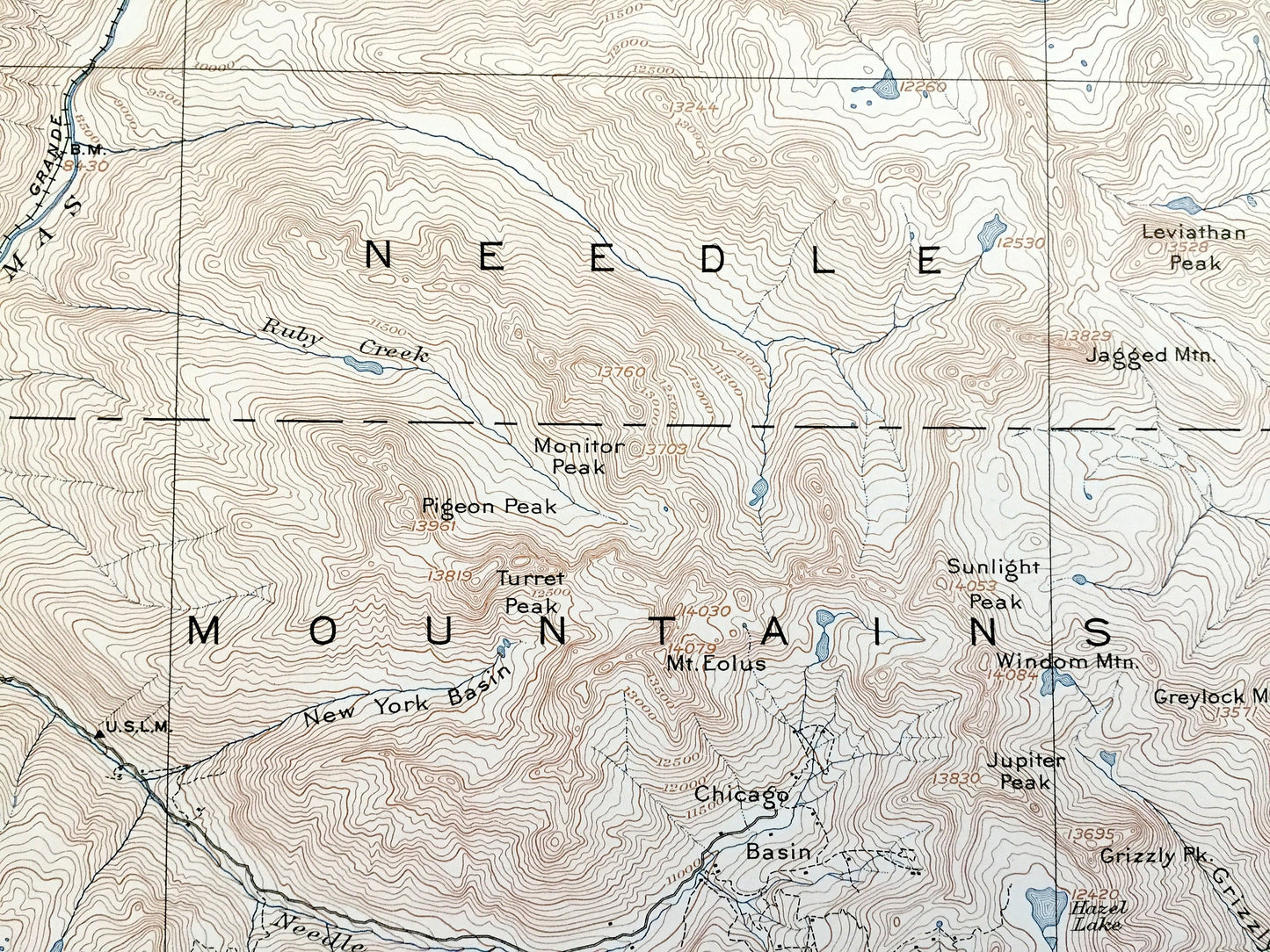 Antique Needle Mountains, Colorado 1902 US Geological Survey Topographic Map – La Plata, San Juan County Rocky Mountains, Animas River, CO