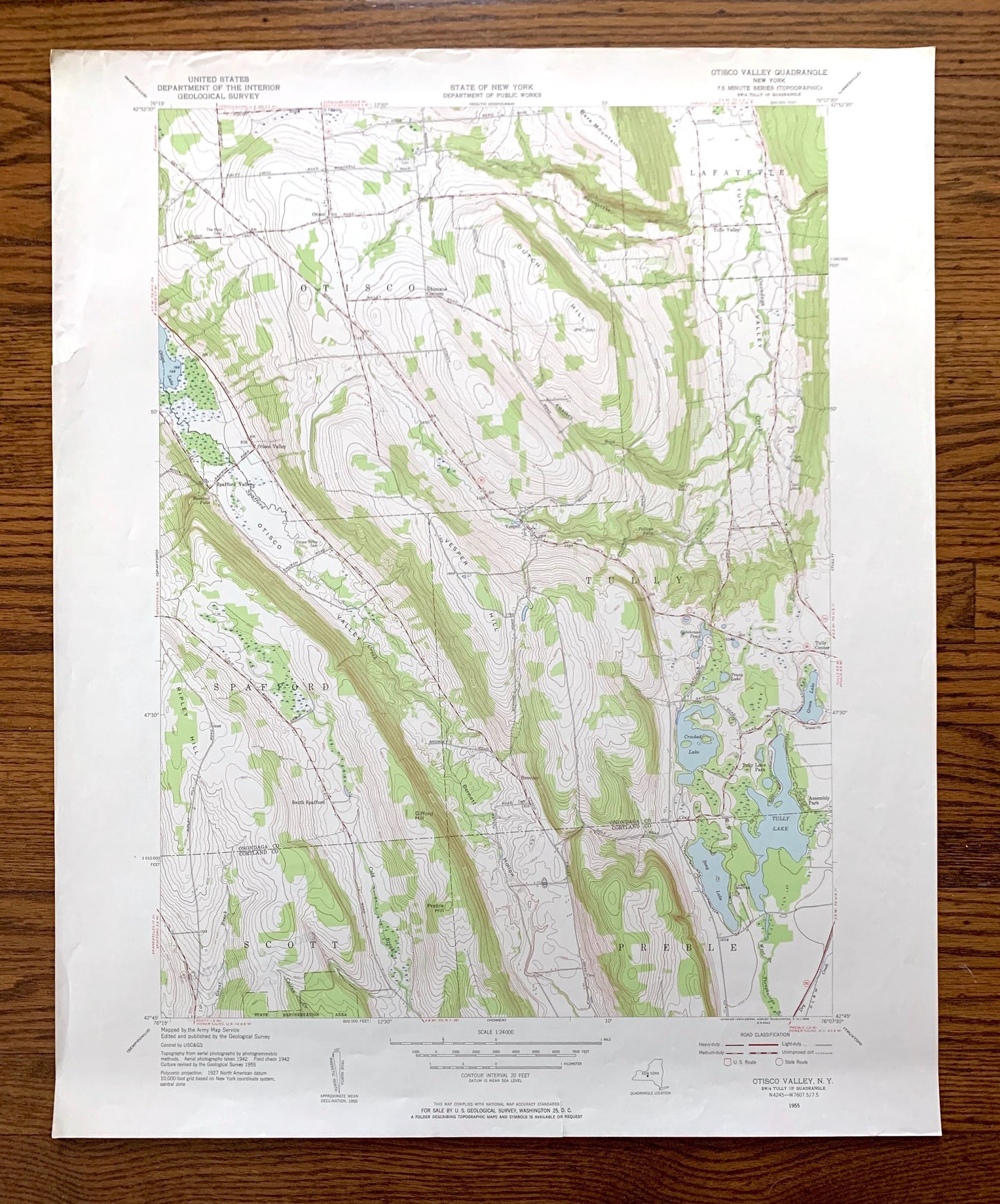 Antique Otisco Valley, New York 1955 US Geological Survey Topographic Map – Onondaga County, Spafford, Tully, Lafayette, Bromley, Vesper NY