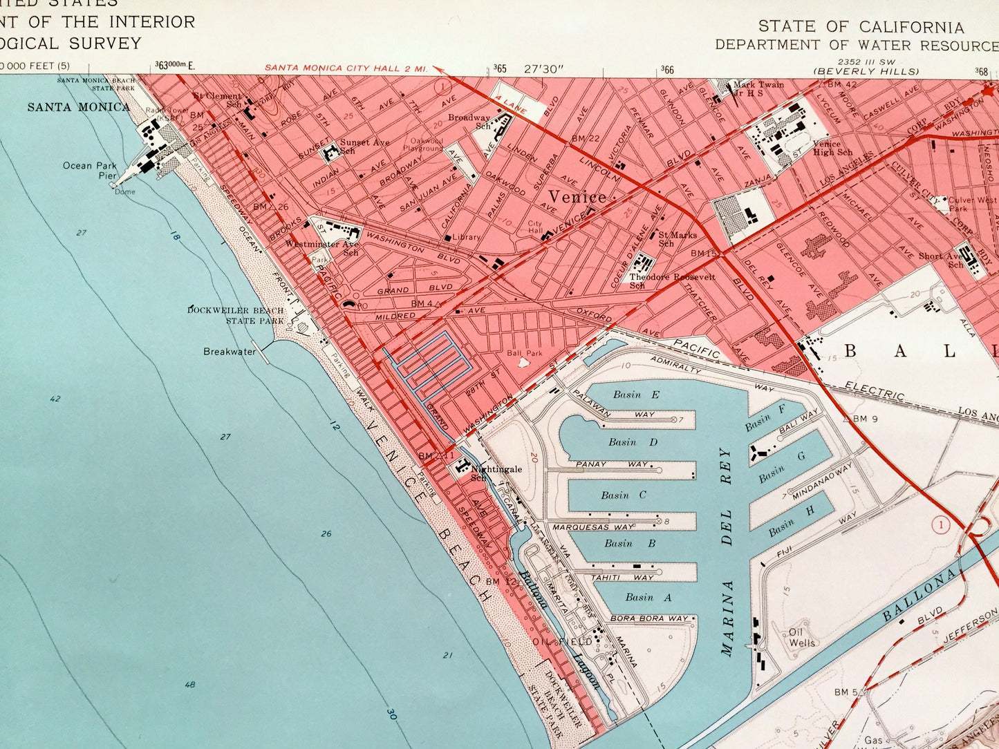 Antique Venice, California 1964 US Geological Survey Topographic Map – Santa Monica, Westchester, Culver City, Los Angeles, Manhattan Beach