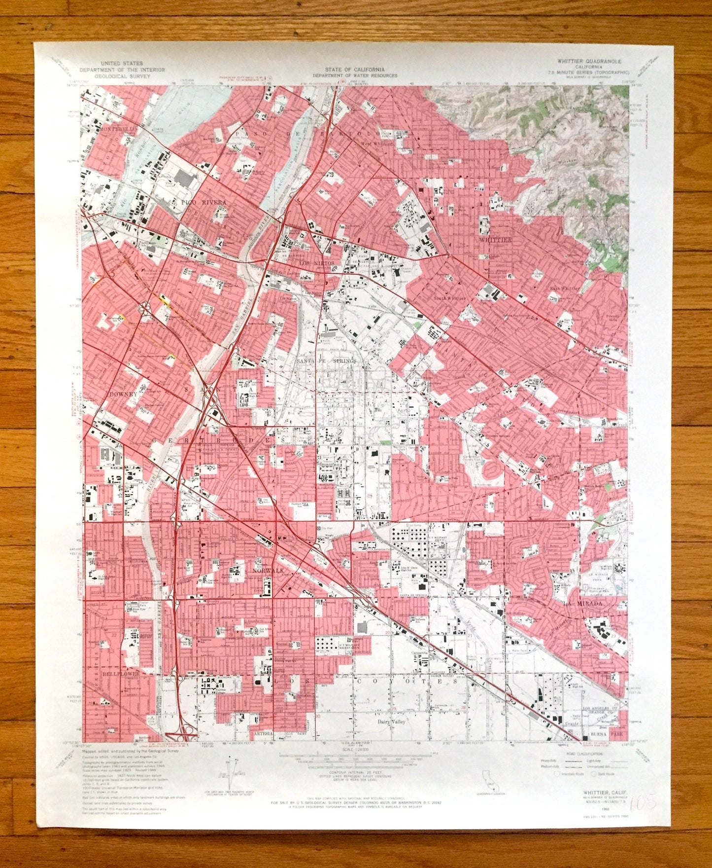 Antique Whittier, California 1965 US Geological Survey Topographic Map – Montebello, Pico Rivera, Mirada, Norwalk, Los Angeles County, CA
