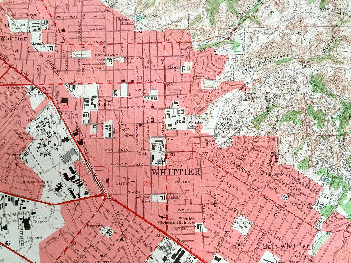 Antique Whittier, California 1965 US Geological Survey Topographic Map – Montebello, Pico Rivera, Mirada, Norwalk, Los Angeles County, CA