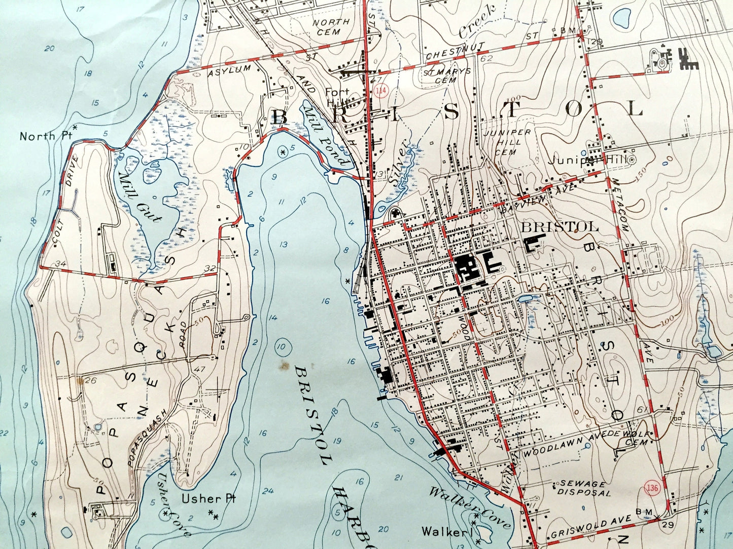 Antique Bristol, Rhode Island 1955 US Geological Survey Topographic Map – Newport County, Barrington, Warren, Nayatt, Shawomet Warwick RI MA