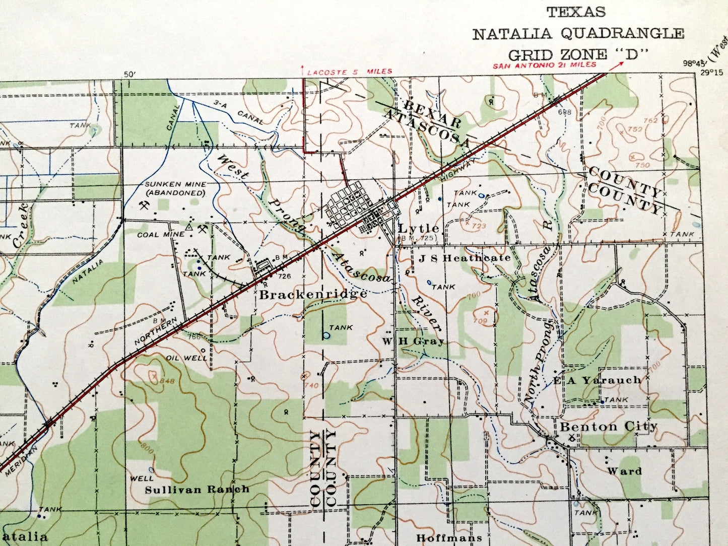 Antique Natalia, Texas 1929 US Geological Survey Topographic Map – Medina, Frio, Bexar, Atascosa County, Lytle, Devine, Bigfoot, Moore, TX