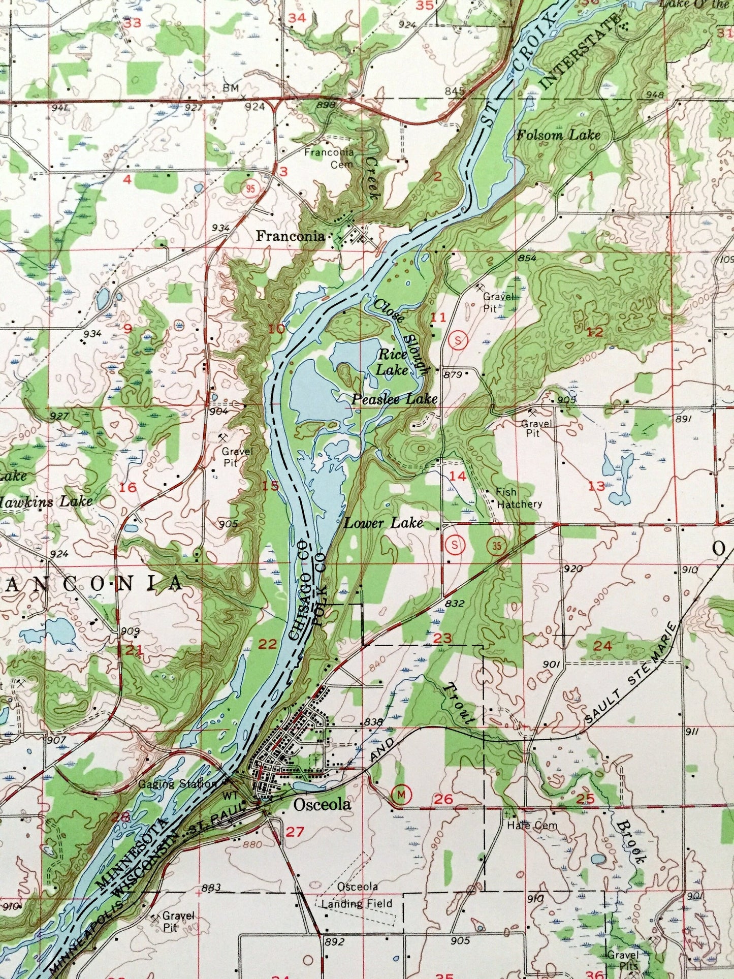 Antique St Croix Falls, Wisconsin 1955 US Geological Survey Topographic Map – Polk, Chisago County, Dalles, River, Dresser, Osceola WI MN