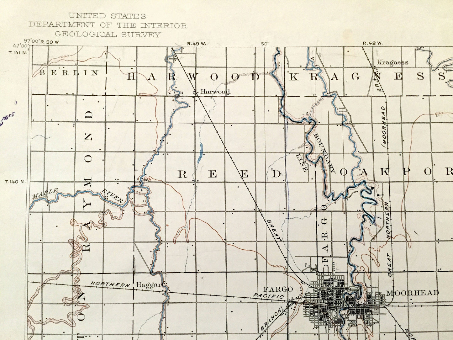 Antique Fargo, North Dakota 1897 US Geological Survey Topographic Map – Moorhead, Minnesota, Cass, Richland, Clay, Wilkin County, MN ND