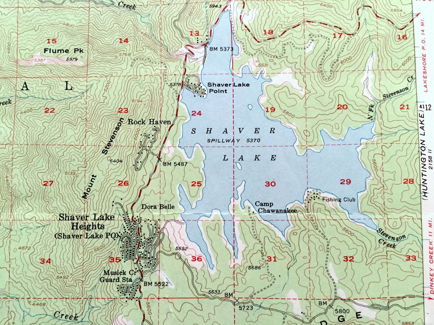 Antique Shaver Lake, California 1953 US Geological Survey Topographic Map – Madera, Fresno County, Sierra National Forest, Rock Haven, CA