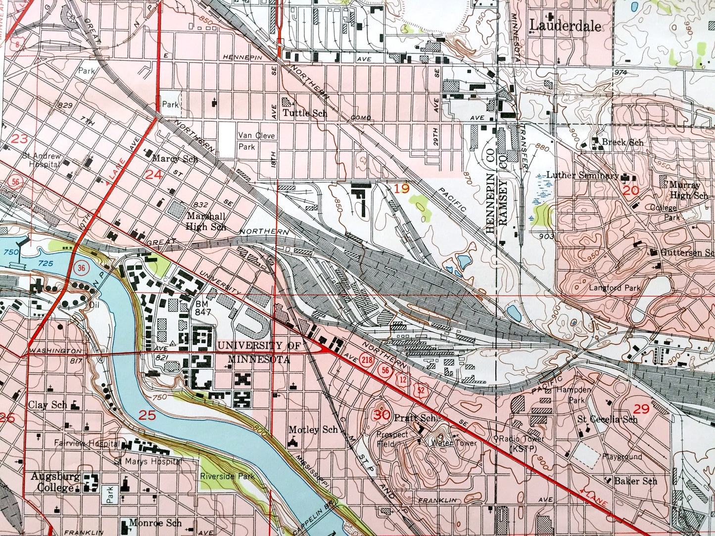 Antique St Paul West, Minnesota 1951 US Geological Survey Topographic Map – Ramsey, Hennepin, Dakota County, Minneapolis, Mendota Heights MN