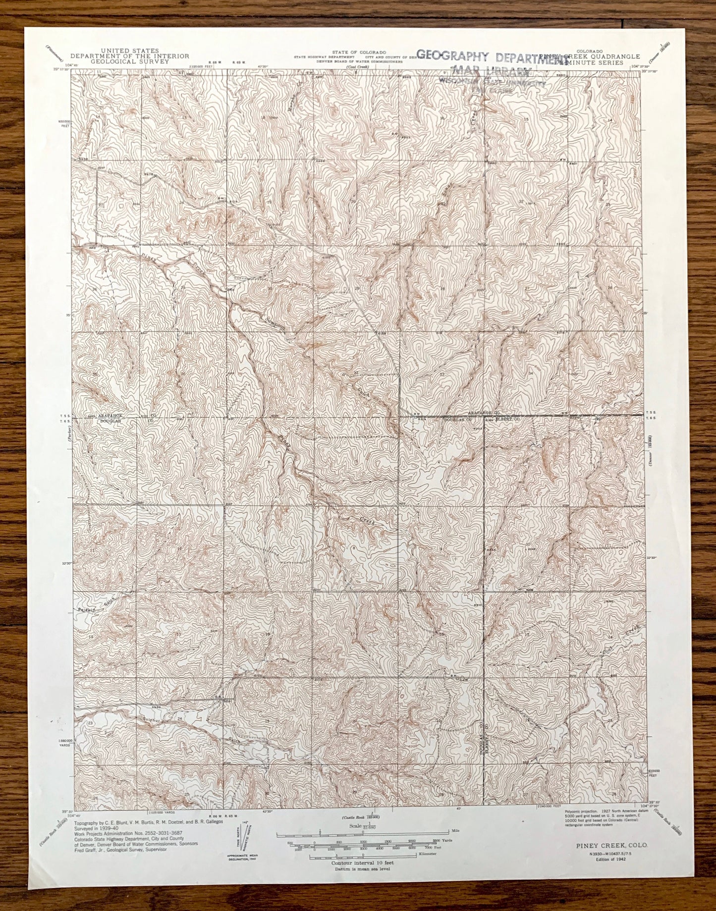 Antique Piney Creek, Colorado 1942 US Geological Survey Topographic Map – Arapahoe, Douglas, Elbert County, Baldwin Gulch, Sulphur Gulch, CO