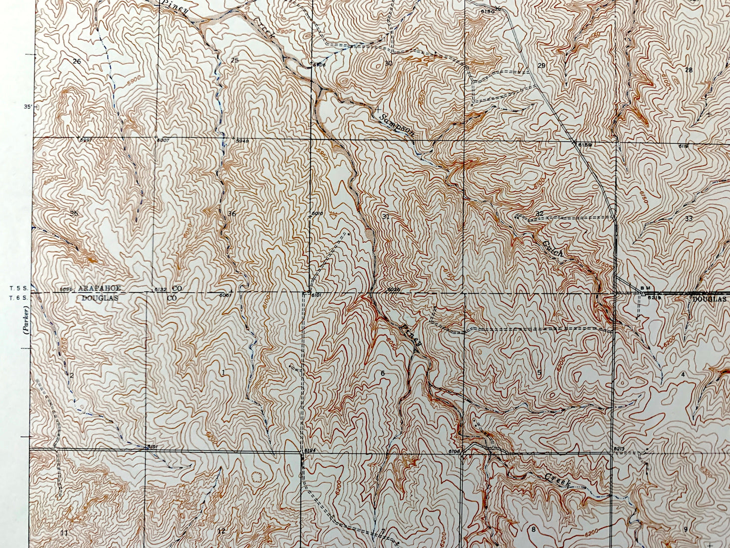 Antique Piney Creek, Colorado 1942 US Geological Survey Topographic Map – Arapahoe, Douglas, Elbert County, Baldwin Gulch, Sulphur Gulch, CO