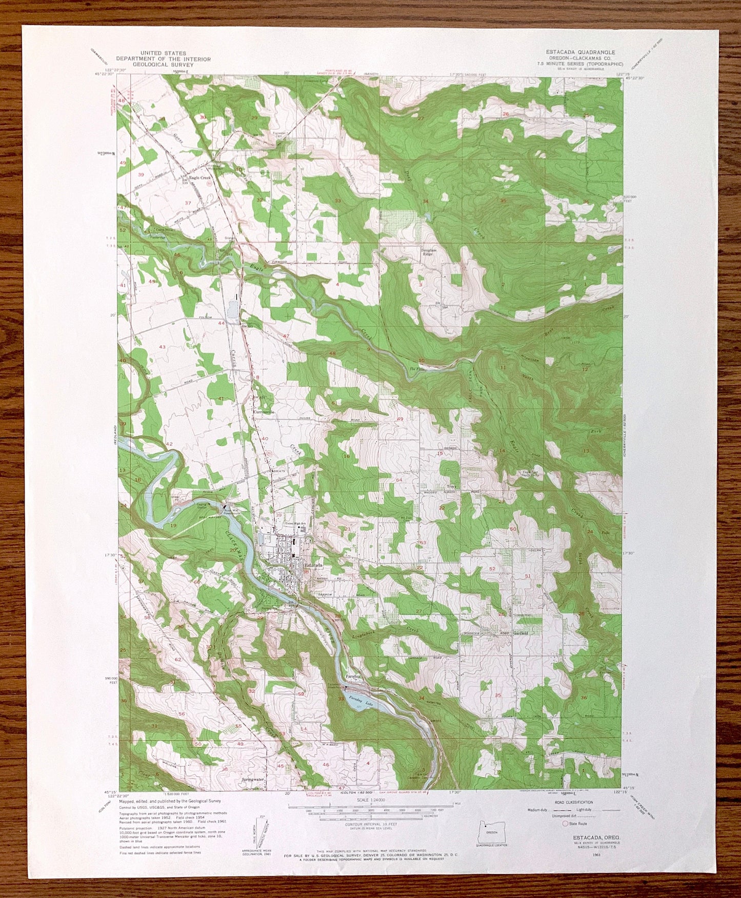 Antique Estacada, Oregon 1961 US Geological Survey Topographic Map – Clackamas County, Eagle Creek, Douglas Ridge, Currinsville, Faraday, OR