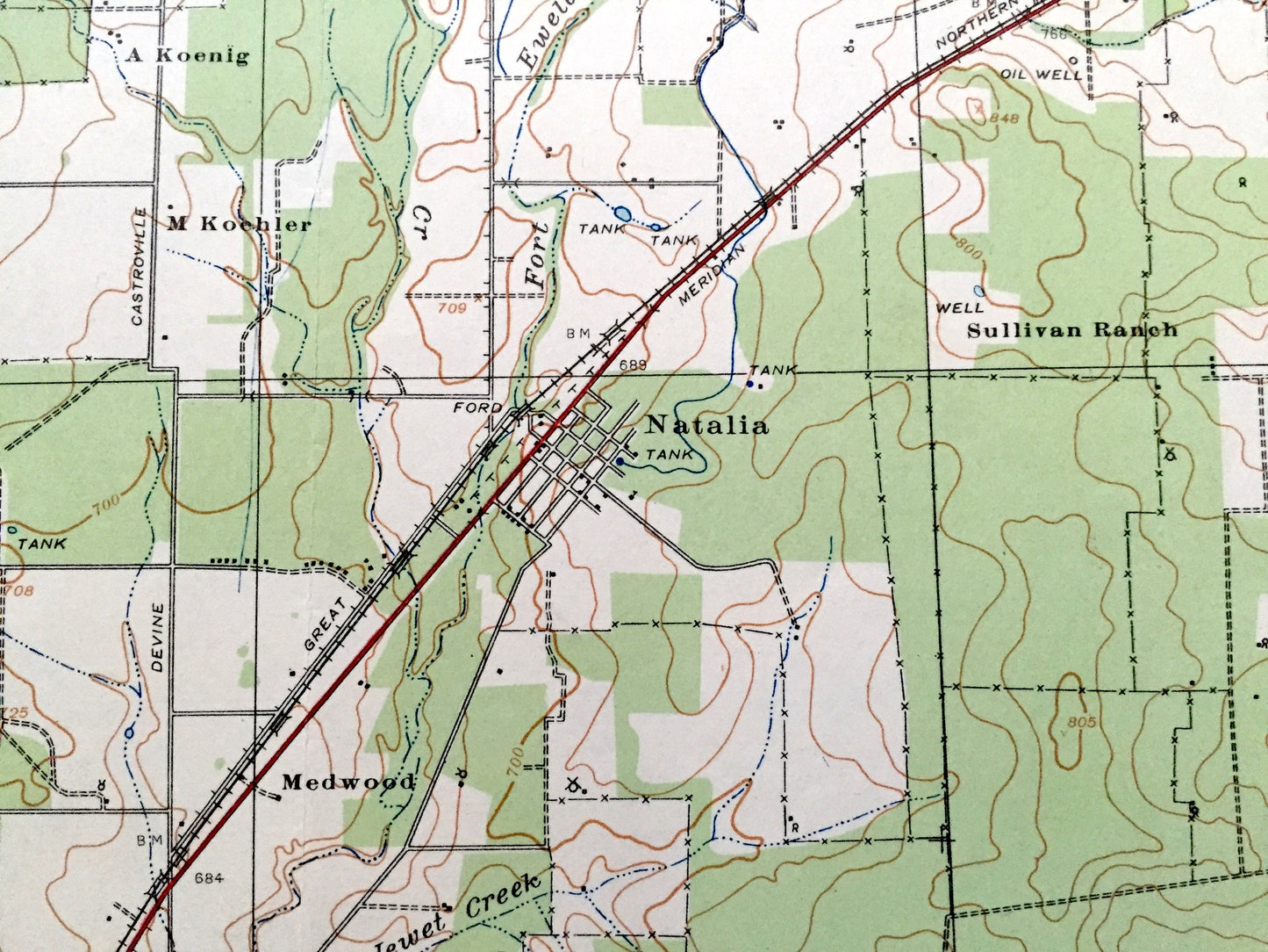 Antique Natalia, Texas 1929 US Geological Survey Topographic Map – Medina, Frio, Bexar, Atascosa County, Lytle, Devine, Bigfoot, Moore, TX