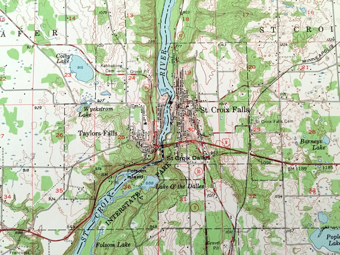 Antique St Croix Falls, Wisconsin 1955 US Geological Survey Topographic Map – Polk, Chisago County, Dalles, River, Dresser, Osceola WI MN