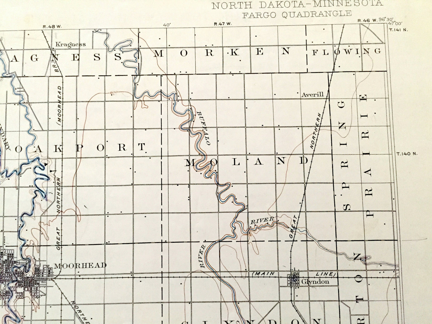 Antique Fargo, North Dakota 1897 US Geological Survey Topographic Map – Moorhead, Minnesota, Cass, Richland, Clay, Wilkin County, MN ND