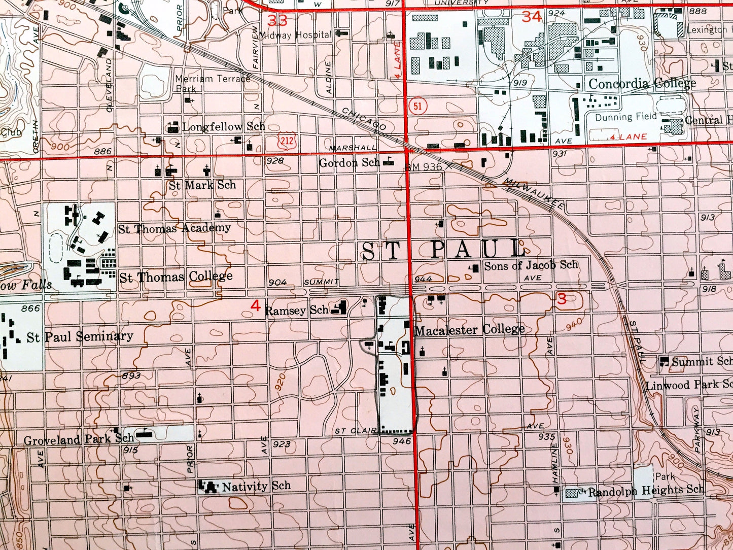 Antique St Paul West, Minnesota 1951 US Geological Survey Topographic Map – Ramsey, Hennepin, Dakota County, Minneapolis, Mendota Heights MN