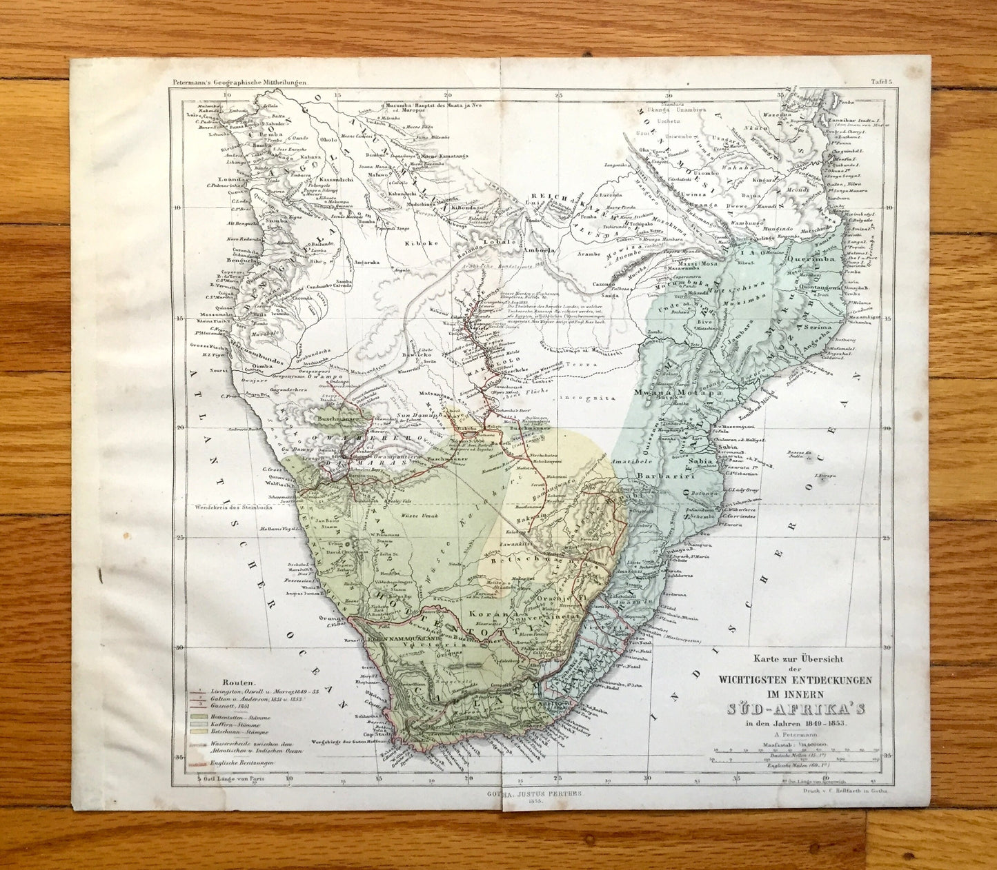 Antique 1855 South Africa Map from Petermann's Geographische Mitteilungen Atlas by Justus Perthes – Das Capland, Cape Town, Johannesburg