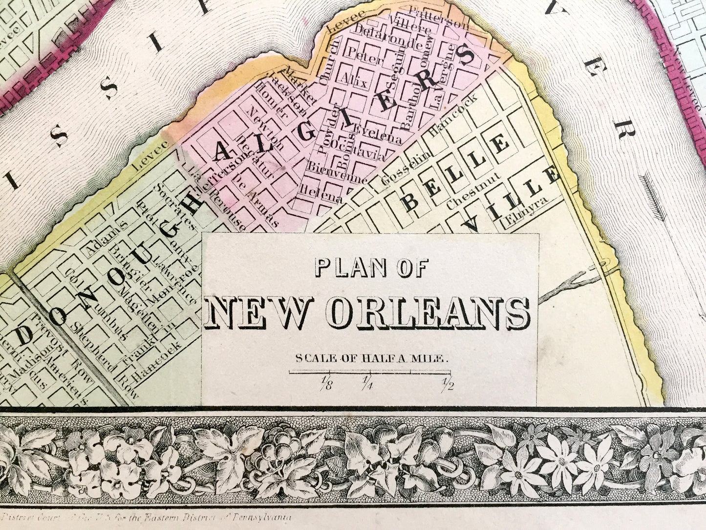 Antique New Orleans, Louisiana 1860 City Plan Map by S.A. Mitchell – Bourbon Street, Big Easy, French Quarter, Garden District, Algiers, LA