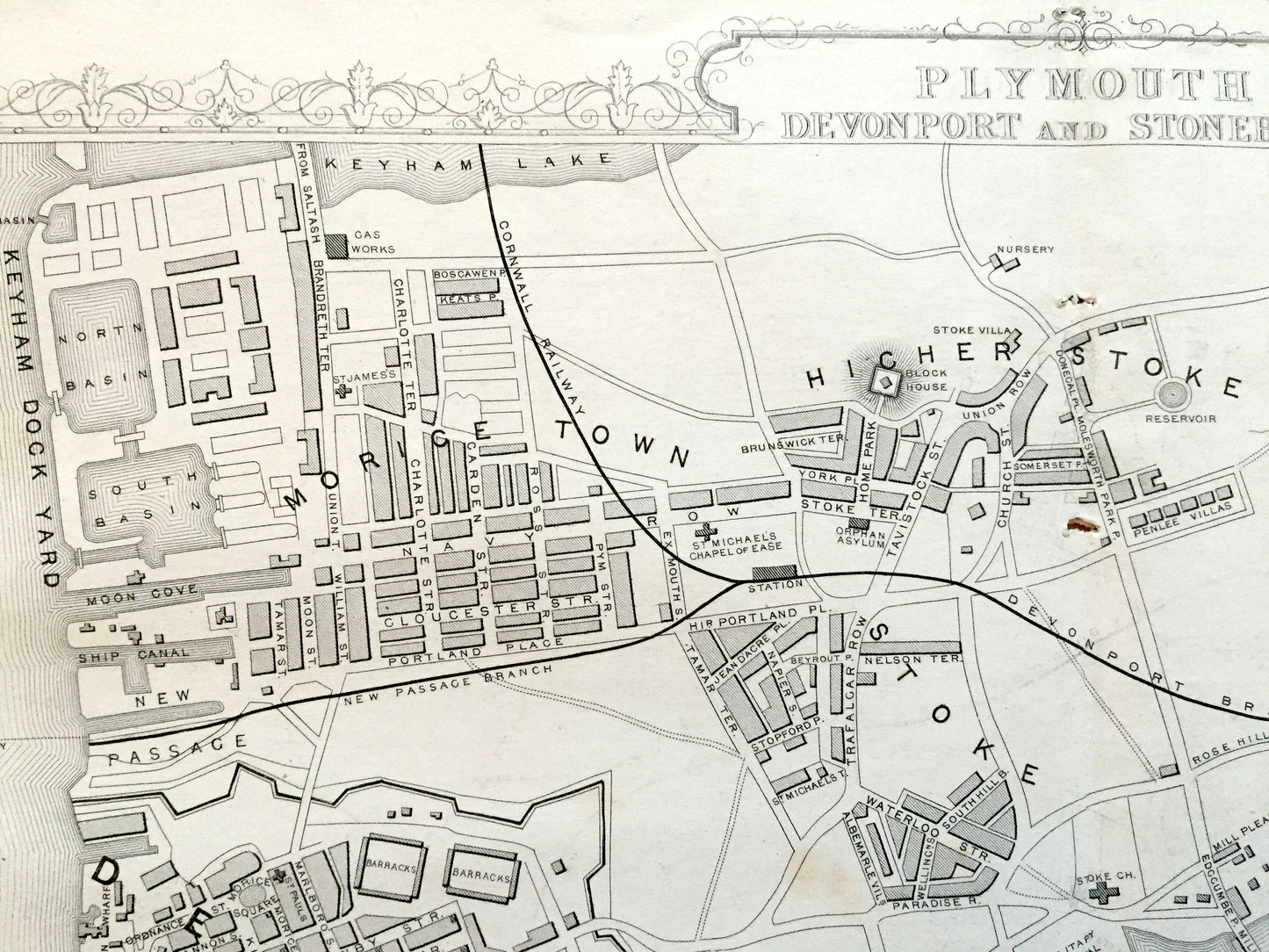 Antique 1851 Plymouth, England Map by John Rapkin from Tallis Atlas – Exeter, Devonport, Stonehouse, Devon County, Great Britain, UK