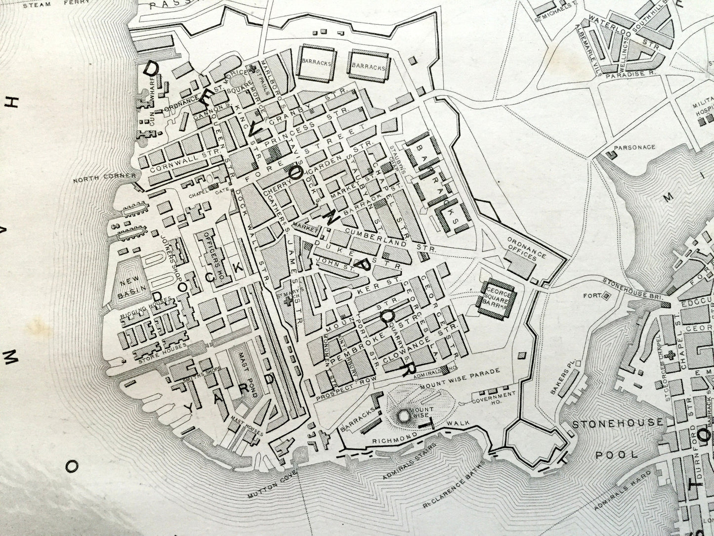 Antique 1851 Plymouth, England Map by John Rapkin from Tallis Atlas – Exeter, Devonport, Stonehouse, Devon County, Great Britain, UK