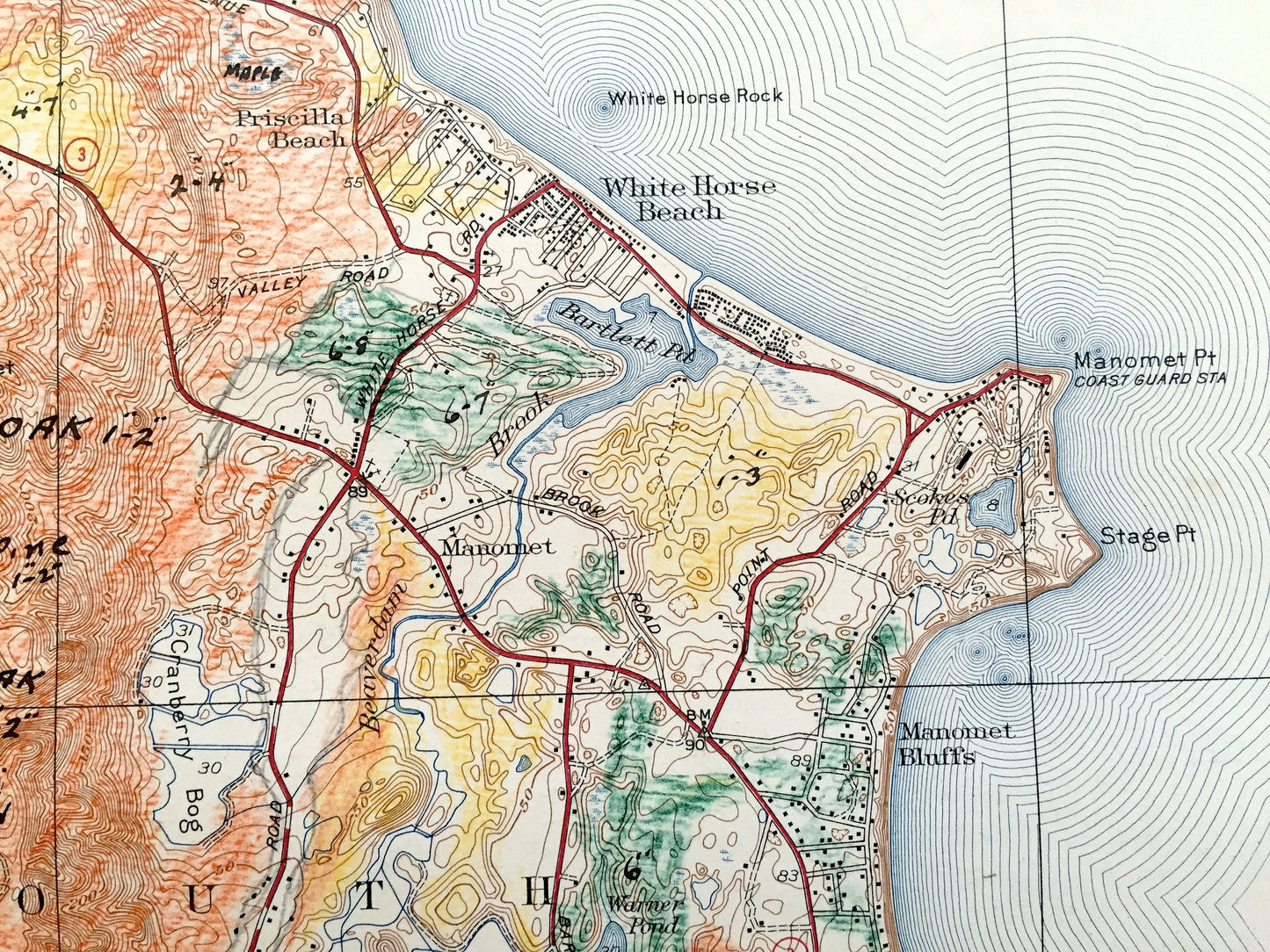 Antique Plymouth, Massachusetts 1937 US Geological Survey Topographic Map – Manomet, Priscilla Beach, White Horse, Cedar Brushes Cape Cod MA