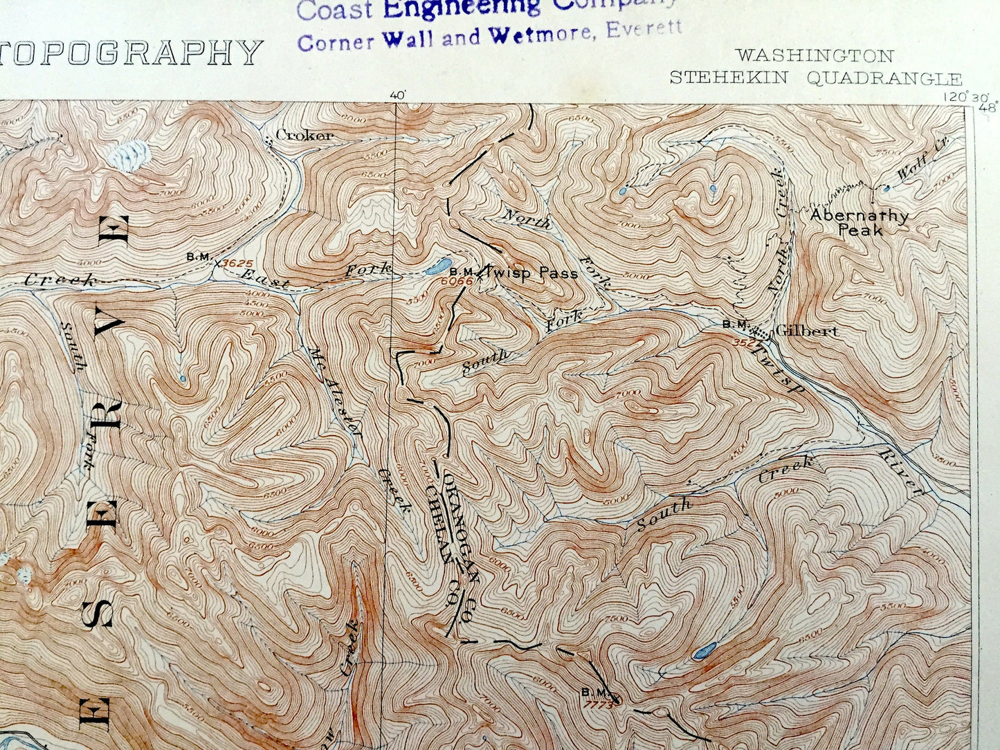 Antique Stehekin, Washington 1904 US Geological Survey Topographic Map – Chelan County, Cascade Range, Lake, Lucerne, Croker, Gilbert, WA