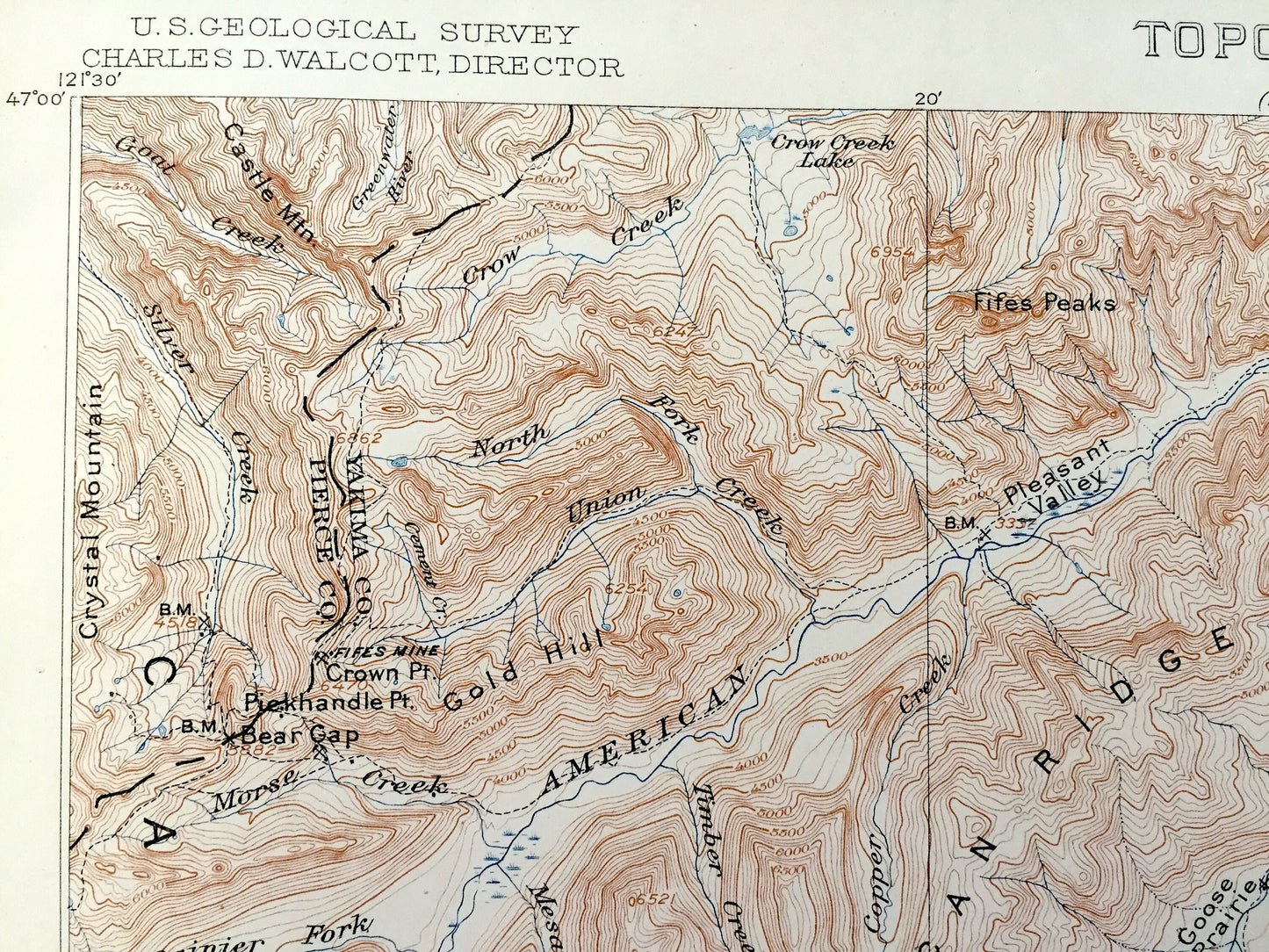 Antique Mount Aix, Washington 1904 US Geological Survey Topographic Map – Yakima County, Cascade Range, Bumping, Goat Peak, Mt Rainier, WA