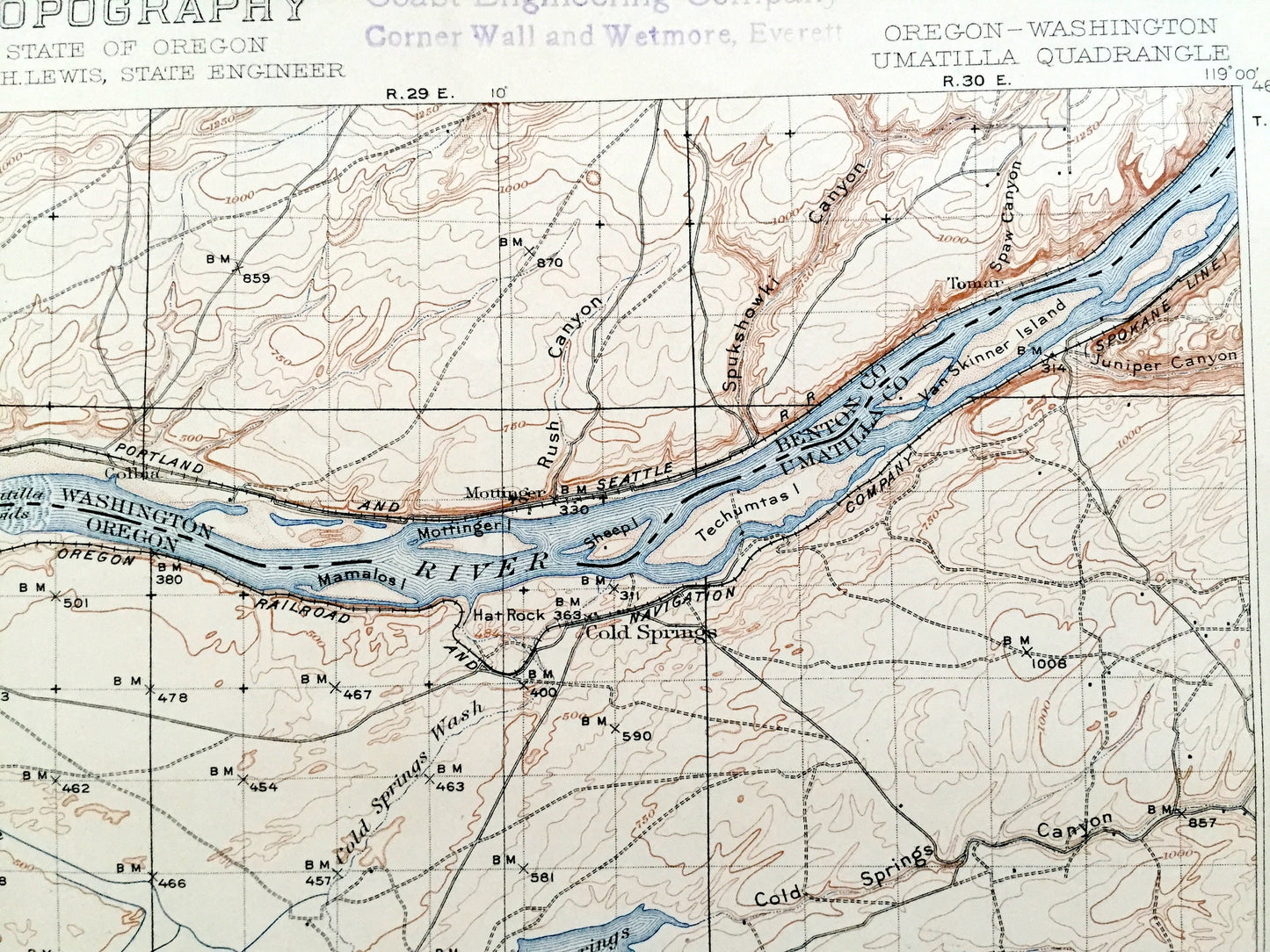 Antique Umatilla, Oregon 1908 US Geological Survey Topographic Map – Benton County, Morrow, Columbia River, Hermiston, Washington, OR WA