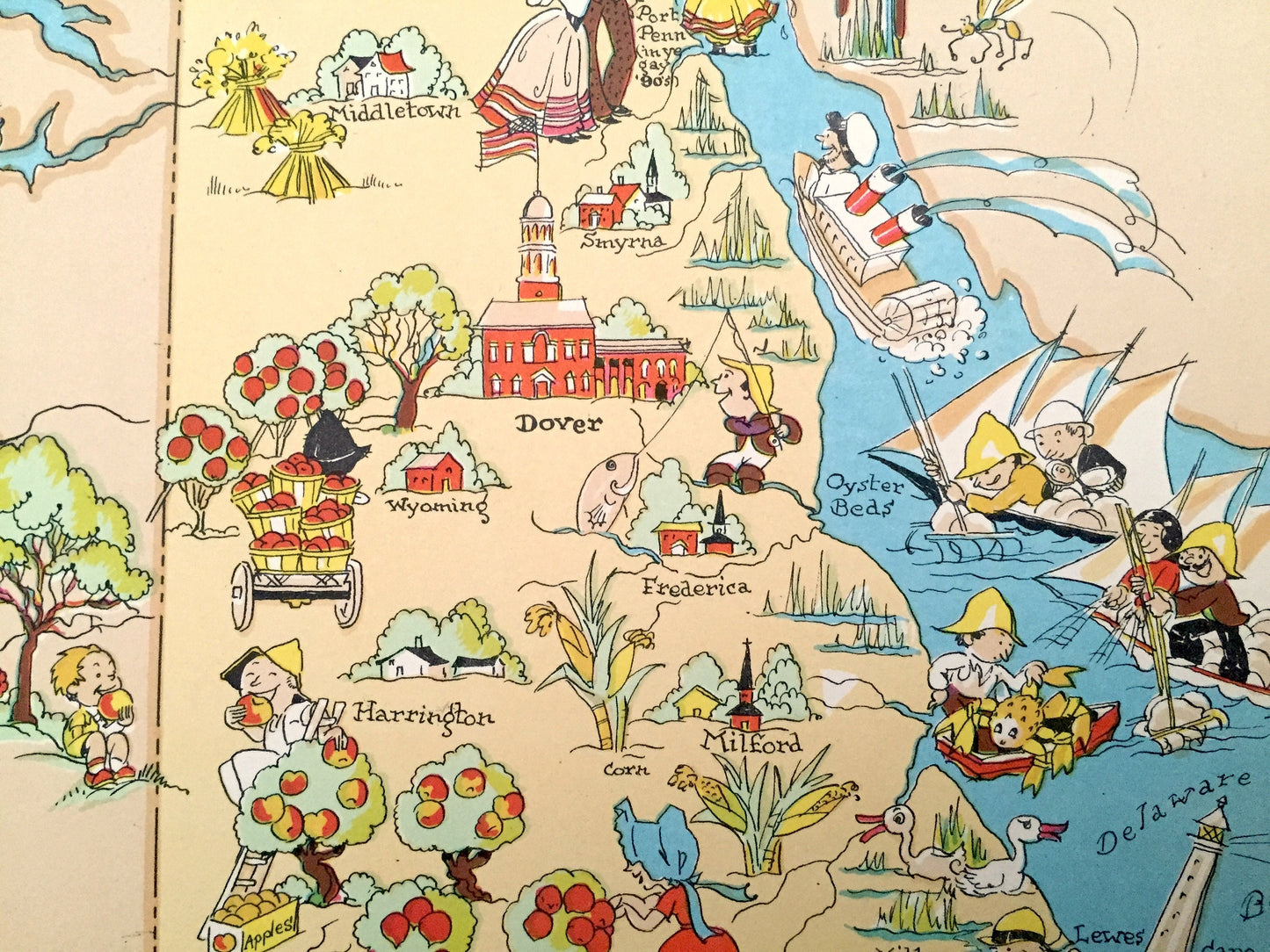 Antique 1935 Delaware State Map from Our Gay Geography by Ruth Taylor – Wilmington, Dover, Rehoboth, Newark, Bear, Bethany Beach, Lewes, DE