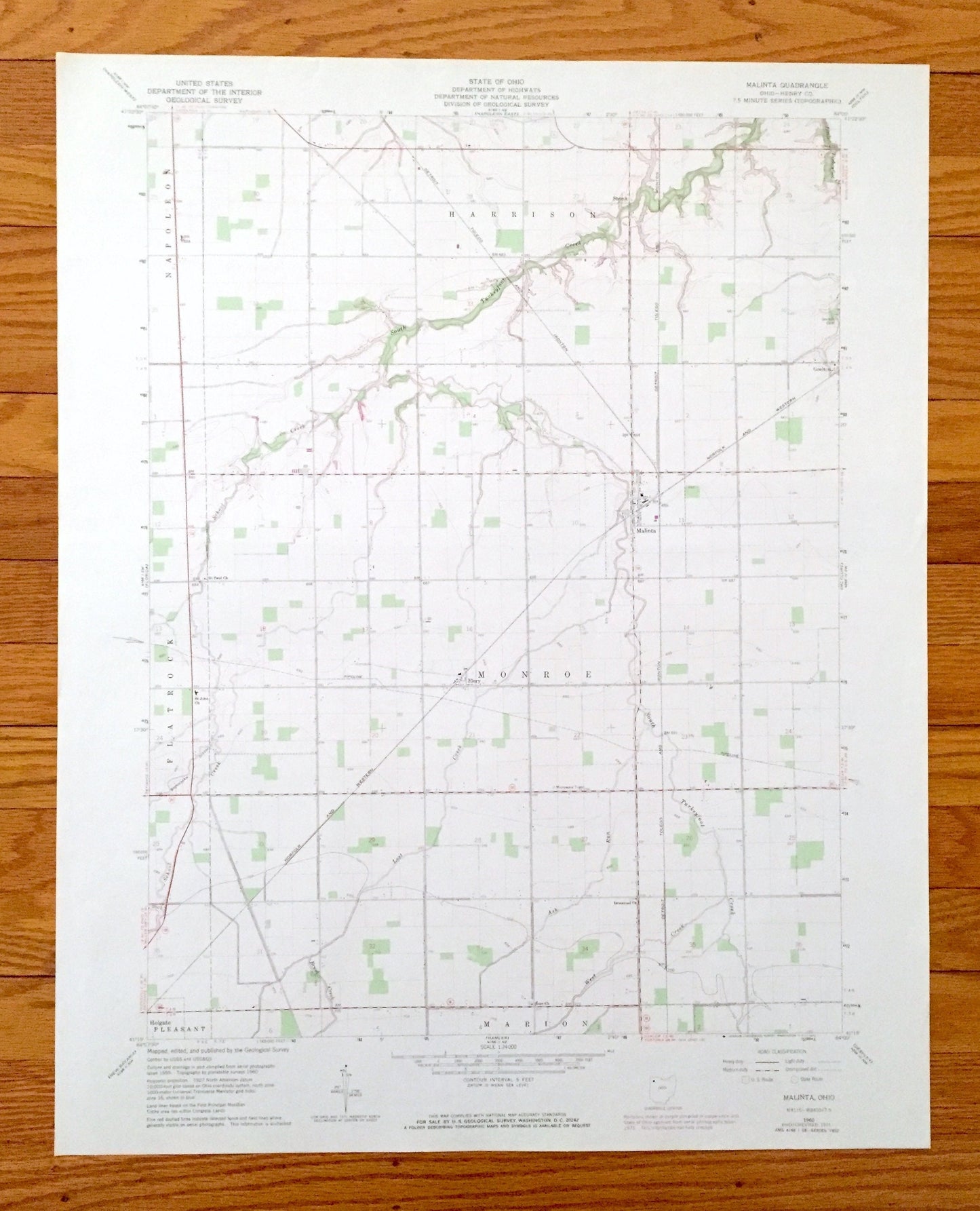 Antique Malinta, Ohio 1960 US Geological Survey Topographic Map – Holgate, Marion, Monroe, Elery, Flatrock, Napoleon, Shunk, Grelton OH